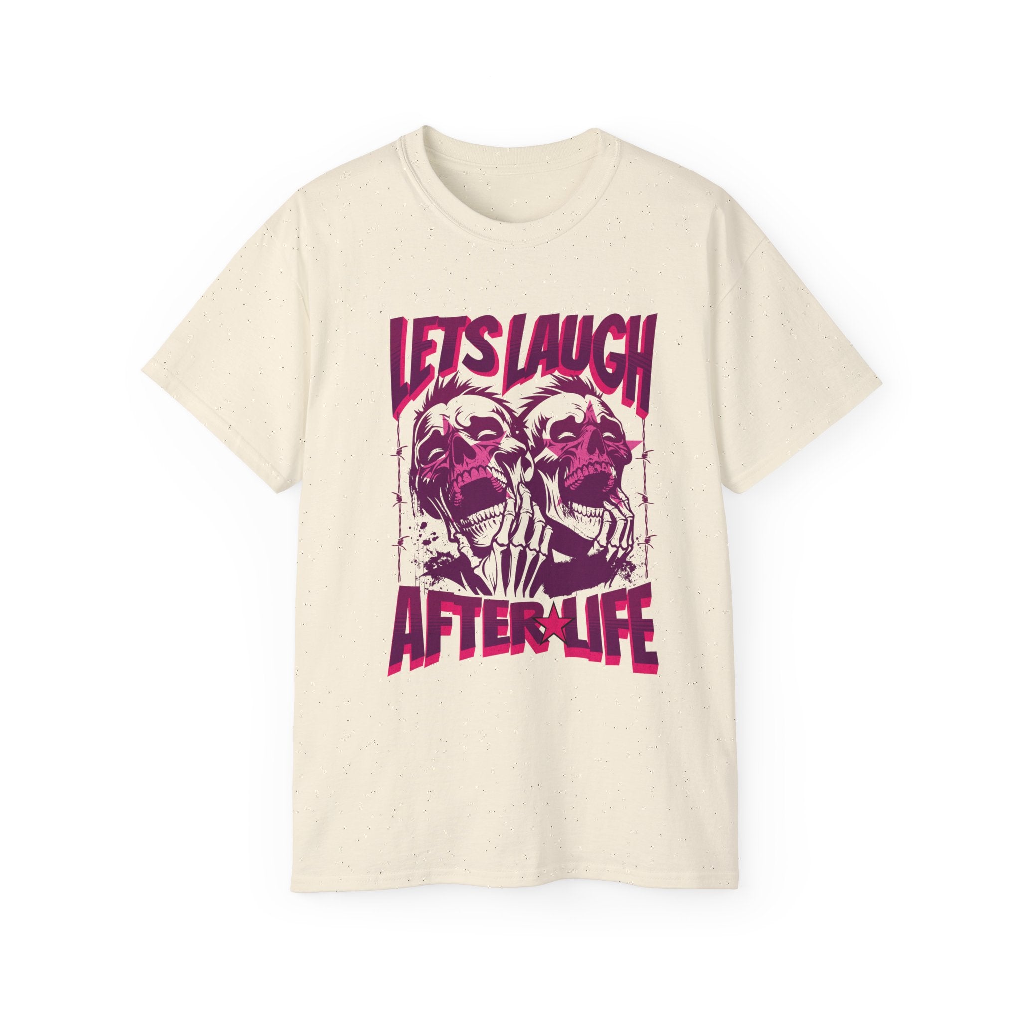 Let's Laugh After Life - Unisex Cotton Crew Tee (Front) - Damned Threads